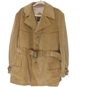 VTG 70s Towncraft Penneys Butterscotch Corduroy Belted Safari Jacket Coat XL